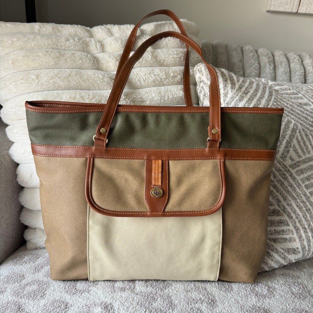 Jackson Canvas Colorblock Tote Bag Brown Olive Tan Dolce Vita Hardware‎ Accent
